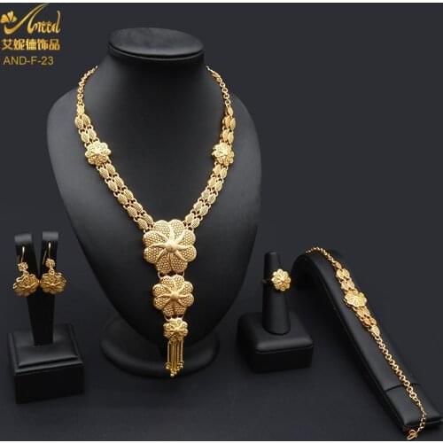 ANIID African Jewelry Set Fashion Bracelet Big Nigerian Necklace Ring Earring Woman Bride Wedding Party 24K Gold Plated Jewelri