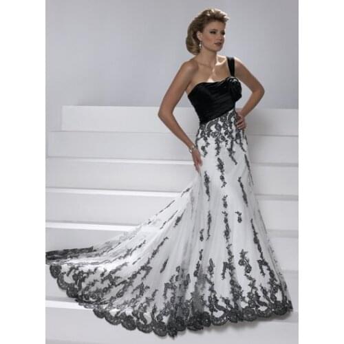Free Shipping Fashion Cheap One Shoulder Flower lace appliques Black and White bridal gown 2018 mother of the bride dresses