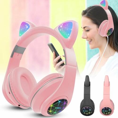 Bluetooth 5.0 Cat Ear Headphones LED Noise Cancelling Girls Kids Cute Headset Support TF Card Jack 3.5mm Mic Wireless Headphones