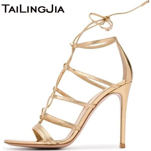 Gold Party High Heels Summer Sandals for Women Sexy Ladies Lace up PU Leather Stiletto Heel Strappy Dress Shoe Large Size Sandal