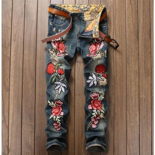 Hole badge Embroidered roses jeans men biker jeans men trousers male denim pants masculino motorcycle fashion designer
