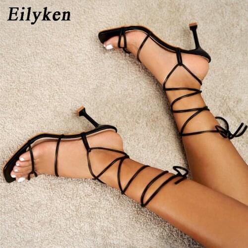 Eilyken New Summer Fashion Design Ankle Lace-up Women Sandals Thin High Heel Ladies Narrow Band Gladiator Pumps Shoes Slides