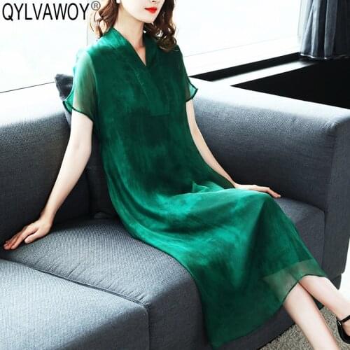 Summer Silk Dress for Women Clothes 2021 Vintage Korean Green Midi Dress Women Dresses Office Dress Elegant Vestidos 8599 MY2927