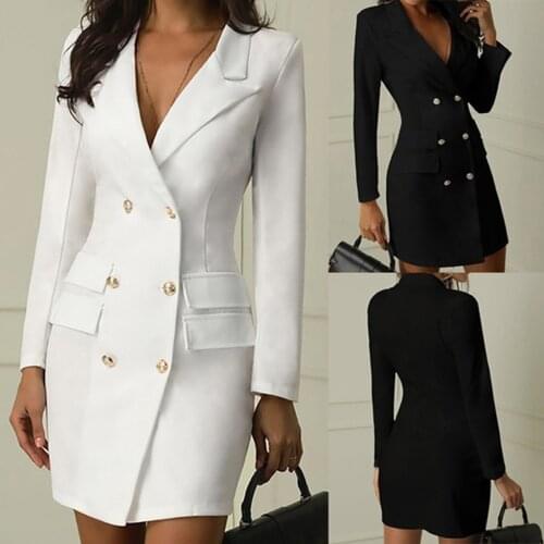 Fashion Office Ladies suit women blazer dress Solid Double Breasted Button Front Military Style Long Sleeve Business Dress 2021