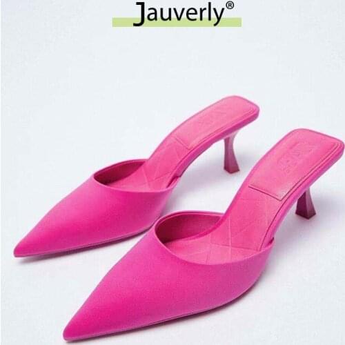 Brand Designer Women Sllides Elegant Pointed Toe Heeled Mules 2021 Autumn Soft High Stretch Fabric TPR Basic Slip-On Female Mule