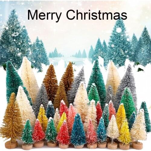 Desktop Mini Christmas Trees Sisal Snow Frost Trees with Wood Base Bottle Brush Trees Home Decoration Blue Pine Xmas Trees Kits