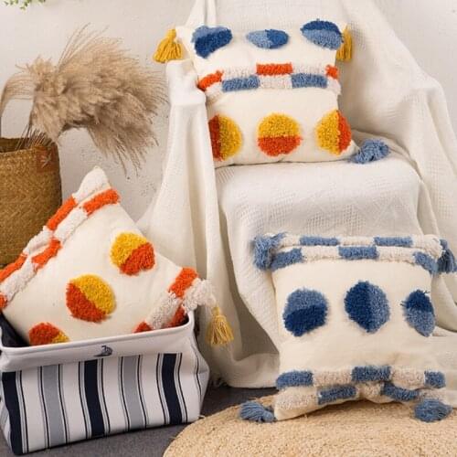 Tassels Boho Throw Pillow Case Woven Tufted Blue Orange Circle Cushion Cover