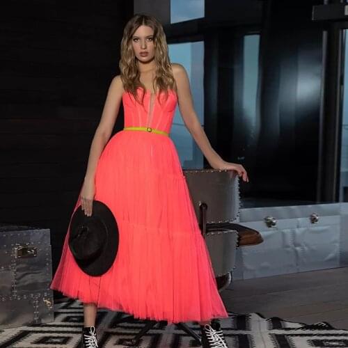 New Arrival Red A Line Homecoming Dresses Sweetheart Off Shoulder Cocktail Dresses Tea Length Tulle Prom Gown with Belt