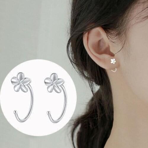 New Silver Color Geometric Asymmetric Smooth Studs Earrings for Women Small Flower Star Moon Open Huggies Ear Piercing Jewelry
