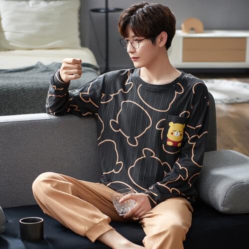 Boy Mna Solid Striped Pajama Pullover long sleeved trousers Cute Cartoon comfortable casual Oneck pajamas Jammies 6535cotton CKE