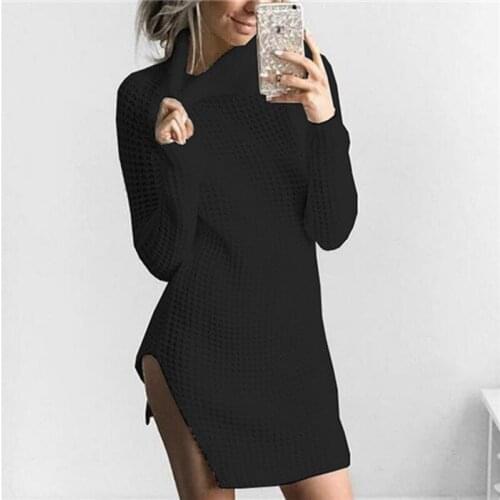 Autumn Winter Sweater Dress Women Vintage Turtleneck Split Knitted Dress Casual Evening Party Dress Vestidos De Fiesta