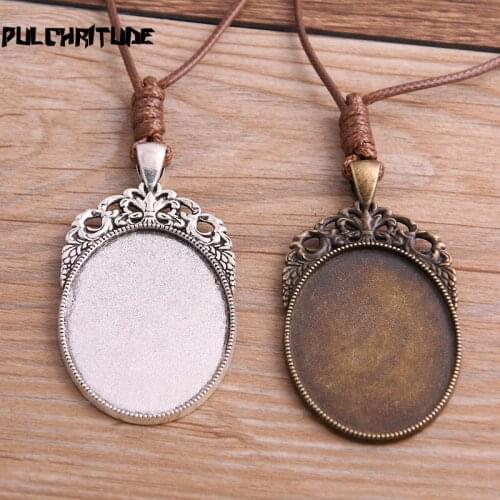 2pcs Zinc Alloy Two Color 30*40mm Oval Cabochon Settings Blank Cameo Pendant Base Tray With Leather Cord For Jewelry Making