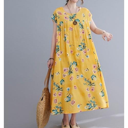 Large Size 4xl 5xl 6xl Floral Cotton Dresses For Women One-Piece Ladies Casual Linen Dress Korean Oversized Boho Cotton Dresses