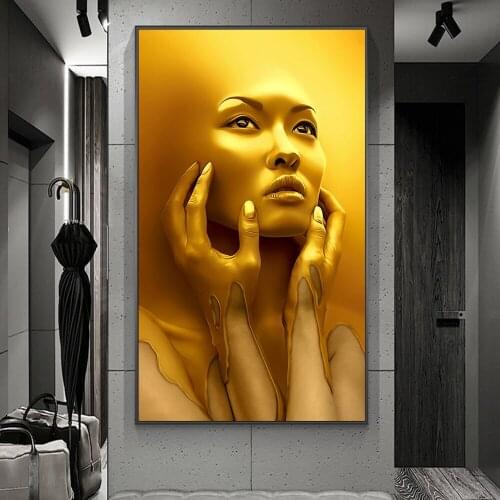 Abstract Gold Sexy Woman Canvas Art Posters Golden Face Girl Canvas Paintings on the Wall Art Pictures For Living Room Cuadros