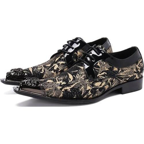Luxury Gold Print Metal Pointed Toe Men Oxfords Shoes Plus Size Mens Wedding Party Formal Shoes Lace Up Man Dress Shoes