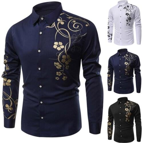 Cotton Spandex Turn Down Collar Men Bauhinia Print Buttons Turn Down Collar Long Sleeve Shirt Slim Top shirt men