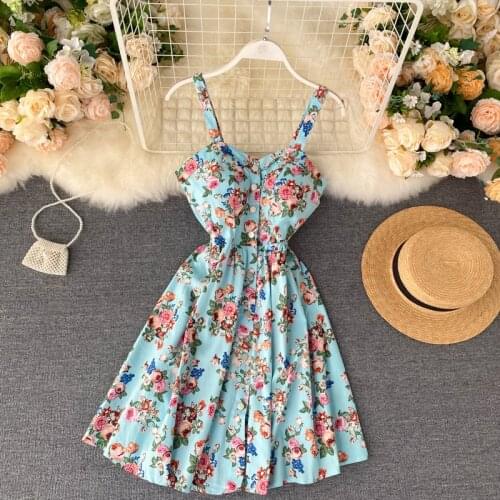 Vintage Button Boho 2020 Floral Print Spaghetti Strap Summer Short Dress Party Casual slim sexy A-Line Women Beach Holiday dress