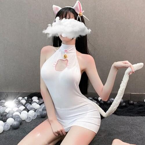 Japanese Adult Sex Clothing Sexy Anime Cosplay Hollow Cat Suit Halter Neck Strap Kawaii Ladies Underwear Cute Cat Girl Uniform