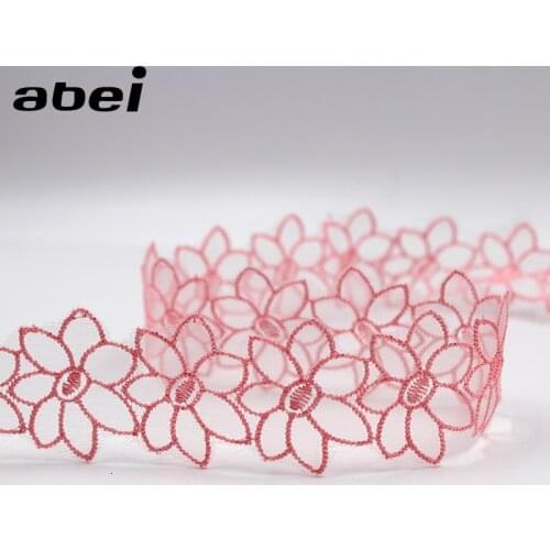 2yards 4cm DIY sewing fabric lace trims Pink Organza Embroidered Flower Lace Ribbon Handmade Headwear Wedding Craft Material