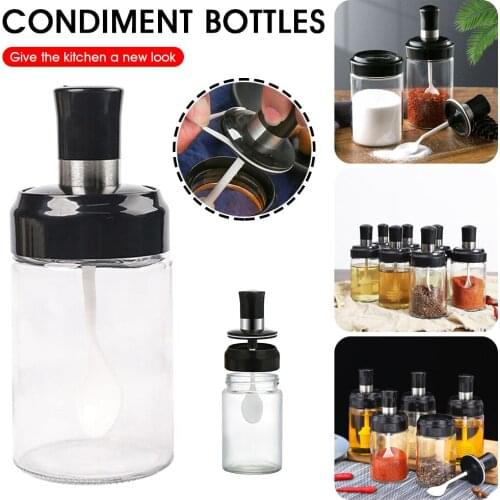 Seasoning Box Glass Condiment Container with Lid Spice Jar with Spoon Bar Brush Salt Sugar Chili Oil Kitchen Storage