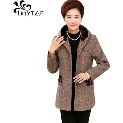 UHYTGF Spring autumn woolen coat women fashion hooded casual female jacket single breasted loose plus size tops outerwear 1255