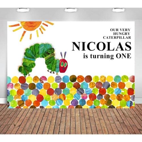 Our Very Hungry Caterpillar NAME Is Turning One Backdrop for Photo Studio Sun Children Newborn Birthday Party Backgrounds Vinyl