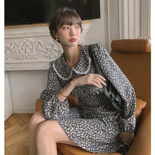 Vintage French Elegant Floral Dress for Women 2021 Fashion Clothing Ladies Long Sleeve All-match Dresses Womens Formal Dresses