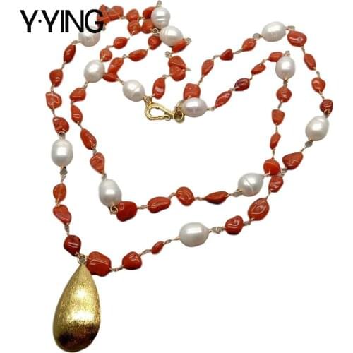 Y·YING Natural Red Blood Agates Rice Pearl statement Necklace Teardrop Brushed Gold color Plated Pendant