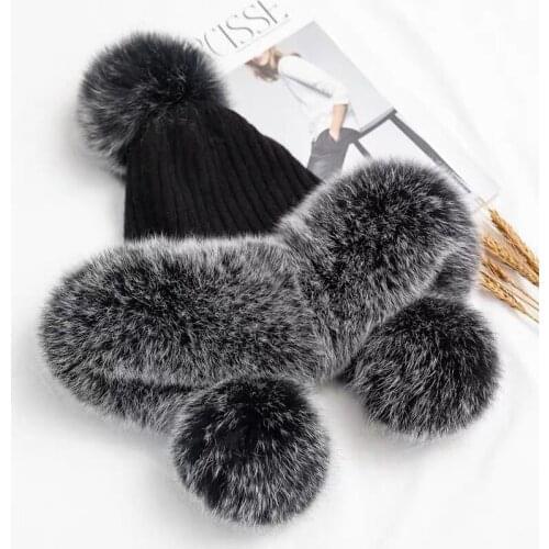 CX-C-247A Women Winter Warm Fox Fur Trim 100% Wool Knit Hats with Real Fox Fur Pom Poms Hat