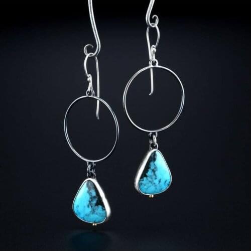 Female New Jewelry Bohemian Creative Water Drop Shaped Swing Earrings Electroplating 925 Retro Thai Silver Turquoise Earrings