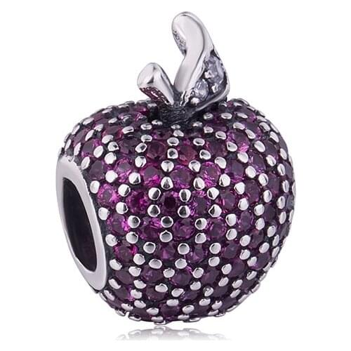 Genuine 925 Sterling Silver Bead Charm Cute Pave Apple With Full Crystal Beads Fit Women Pan Bracelet & Necklace Diy Jewelr