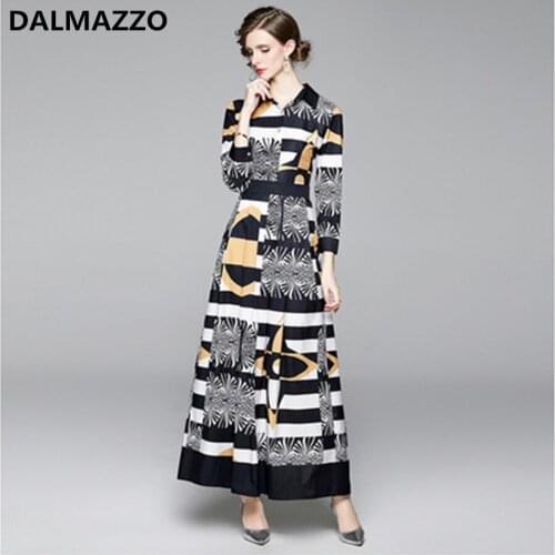 Retro Print Women Single-Breasted Shirt Sleeve Big Swing Long Dresses 2020 New Autumn Womans Runway Dress Vestidos Mujer M-2XL