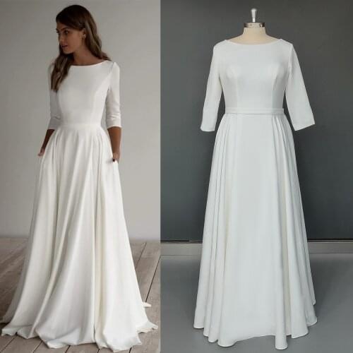 Boat Neck Satin Wedding Gown Simple A Line Long Evening Dress Half Sleeves In Stock Zipper Custom Made Bridesmaid Bridal Dress