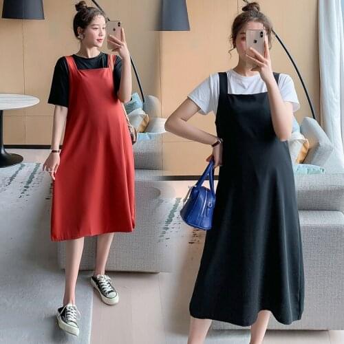 72719# Maternity Dress Summer Cotton Short Sleeves Loose Stylish 2Pcs Maternity Dress Set