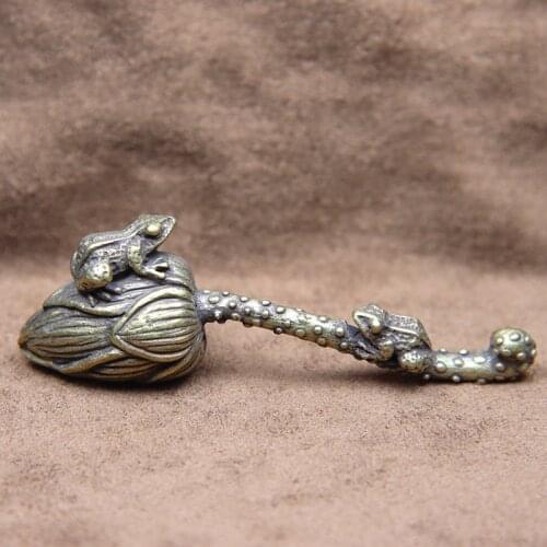 Antique Brass Mother Child Frogs Lotus Zen Small Ornament Pure Copper Animal Miniatures Figurines Tea Pet Home Decor Accessories