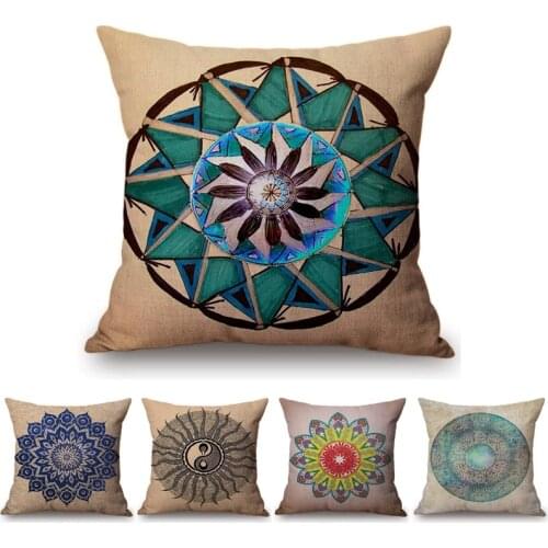 Beige Yellow Mandala Cushion Cover Flower Pattern Cotton Linen Pillowcase Indian Bohemian Pillow Covers Home Decoration
