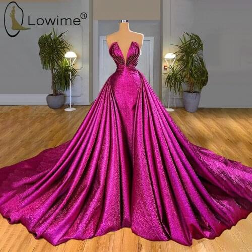 Long Fuchsia Mermaid Evening Dresses Overskirts Court Train Evening Gowns Formal Women Dresses