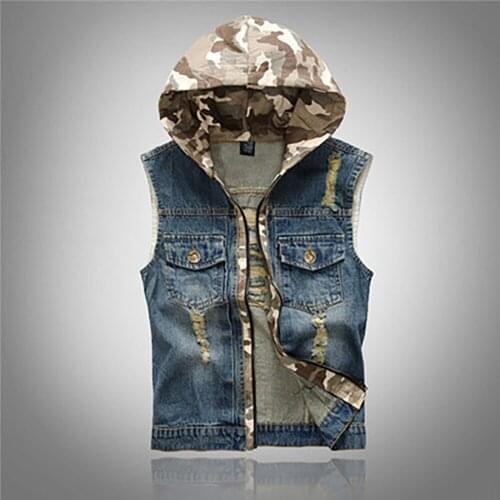 Mens Holes Blue Denim Vest Jacket with Detachable Hat Casual Denim Vests Men Retro Camouflage Slim Fit Jeans Tank Top Plus Size