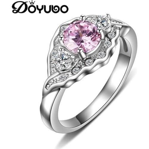 DOYUBO Beautiful Womens Pink Cubic Zirconia Engagement Rings European Design Stainless Steel Wedding Rings Fine Jewelry DE022