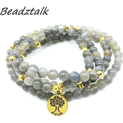 Mala Stone Beads Labradorite Charm Bracelet Tree Charm Necklace Gold Color Yoga Bracelet Drop Shipping