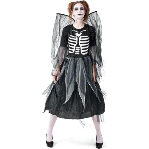 Halloween Carnival Costume Adult Zombie Skeleton Skeleton Printed Fallen Dark Angel Jumpsuit Mesh Skirt