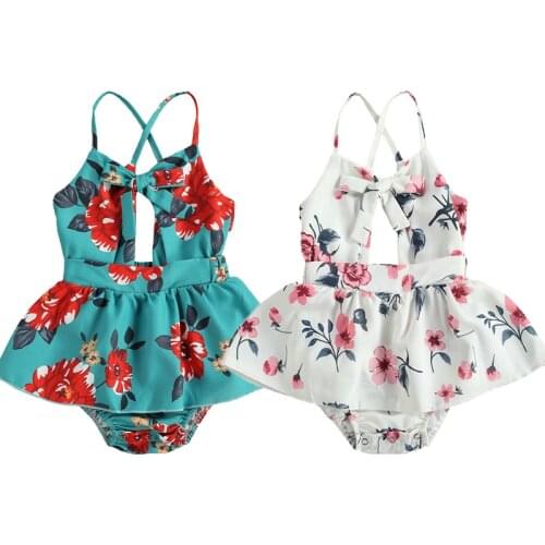 0-24M Summer Cute Baby Girls Rompers Dress Newborn Baby Sleeveless Backless Flowers Printed Strapless Bowknot Ruffles Jumpsuits
