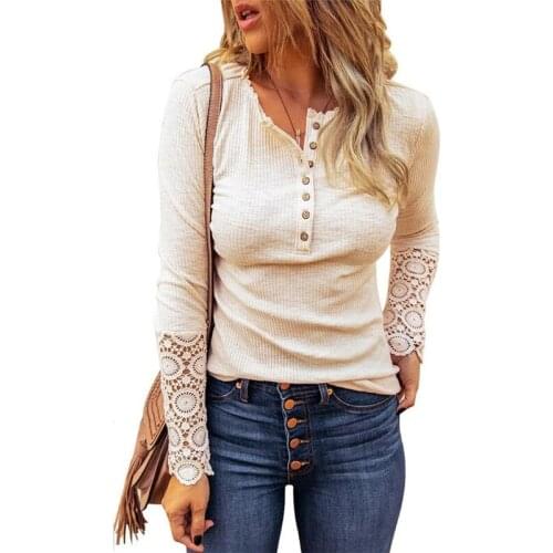 Fashion Ladies Round Neck Stitching Lace Sleeve Loose Solid Color Long-Sleeved T-Shirt