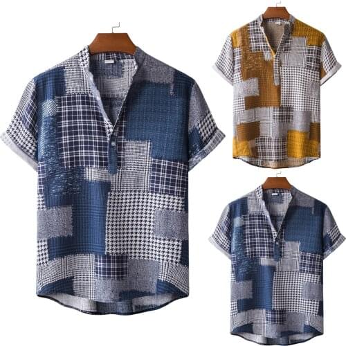 Mens Shirt Summer 2021 New Hawaiian Shirt Man Plaid Beach Stand Collar Vintage Short Sleeve Tops Fashion Shirts Clothing Blouse