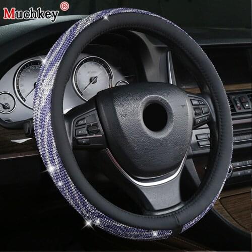 New Diamond Leather Steering Wheel Cover with Bling Bling Crystal Rhinestones Universal Fit 38cm/15in Auto Interior Accessories