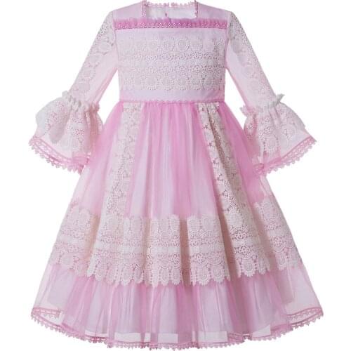 Pettigirl Pink Square Collar Flare Sleeves Lace Girl Party Birthday Boutique Kids Wear G-DMGD209-266(Dress Length Under Knee)