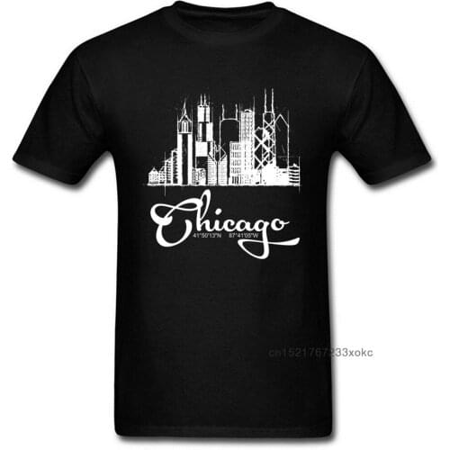 Boyfriend Gift T-shirt Black T Shirt Print Men Tshirt Chicago Skyline Sketch Tops No Fade Summer Autumn Clothes Vintage Tees