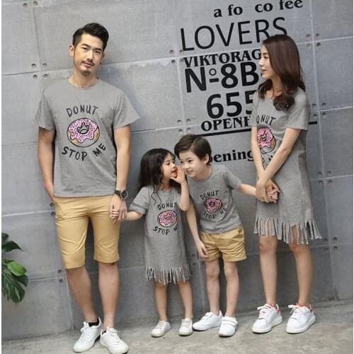 Family Matching Pyjamas Couple Look Mother and Daughter Dresses Tassel Shirt Dress Women Tops Kids T-shirt Parent Child Outfits