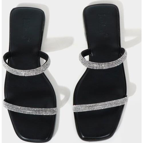 New Rhinestone Bright Diamond Slippers Crystal Hollow Flat Slide Ladies Open Toe Comfort Slip On Outdoor Beach Sandals