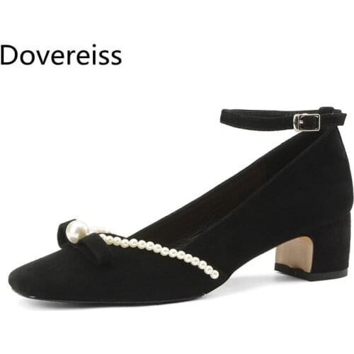 Dovereiss Fashion Womens Shoes summer white Chunky heels consice suede Buckle Square toe Pumps Bowknot butterfly knot